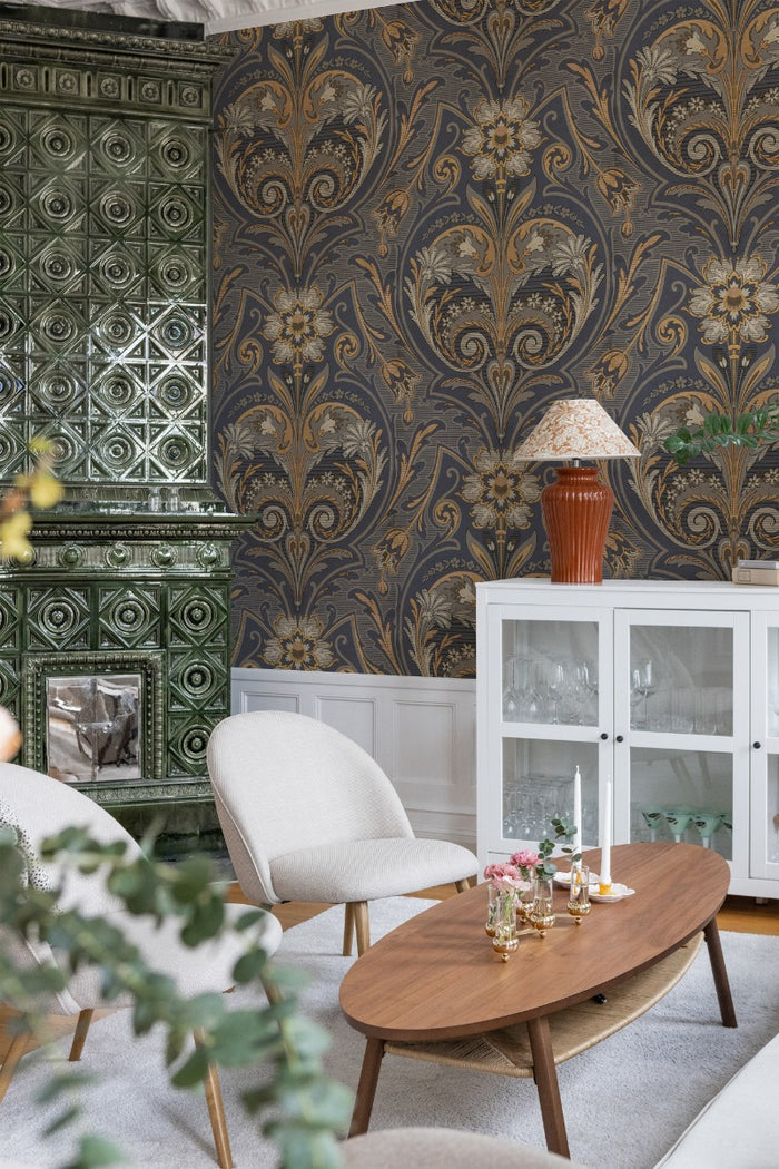 Oscar Antique Medallion - Custom Sized Wallpaper Mural (per m2) - Blue