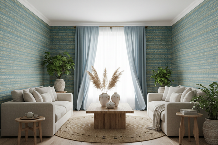 Room shot with blue curtains