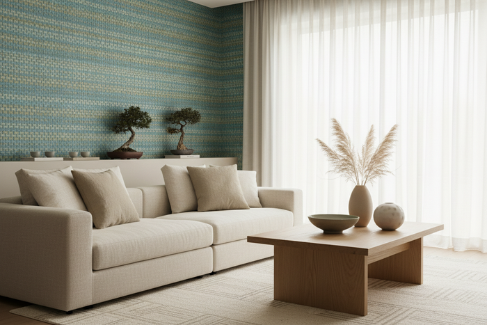 Paper Weave Grasscloth Wallpaper - Blueish Green Room Shot