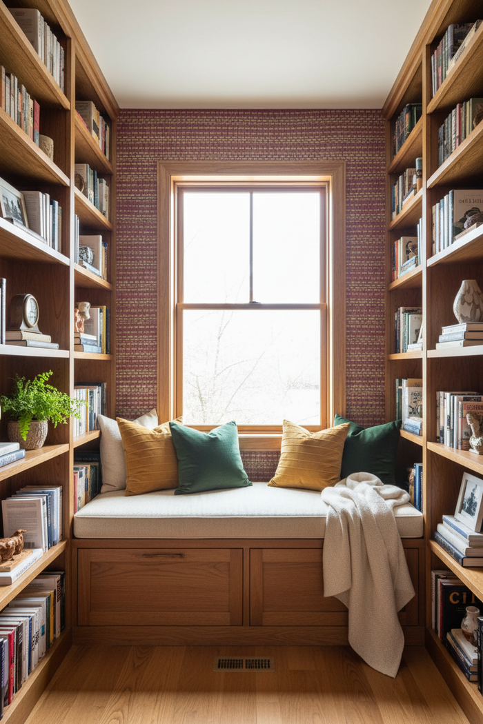 Cosy reading nook with W611-36 Oriental Red grasscloth wallpaper