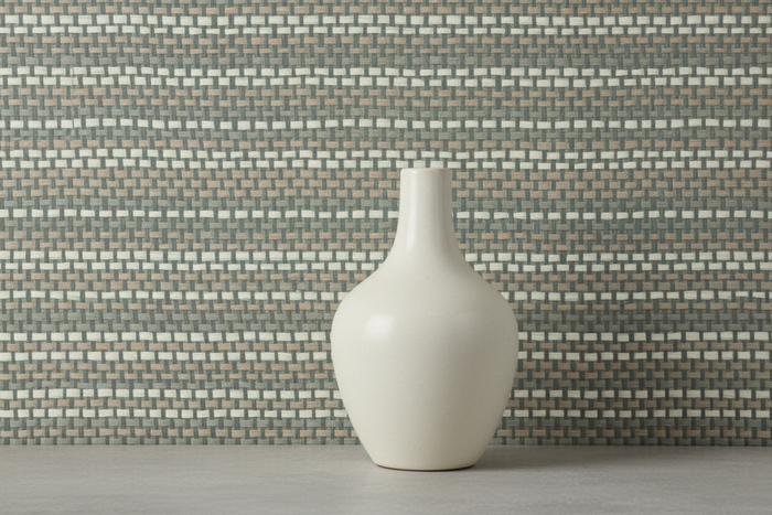 W611-33 Sage Blue grasscloth with ceramic vase