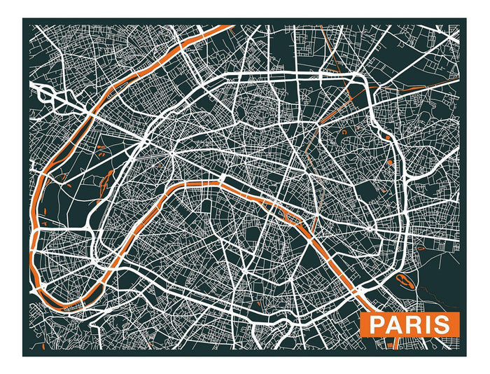 Paris City Art Map - Orange - Custom Sized Wallpaper Mural (per m2)