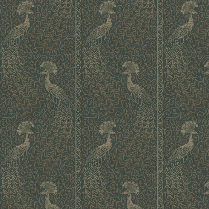 Pavo Parade Peacock Wallpaper - Metallic Gilver/Green