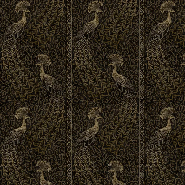 Pavo Parade Peacock Wallpaper - Metallic Gold/Soot
