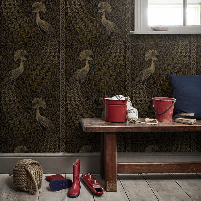 Pavo Parade Peacock Wallpaper - Metallic Gold/Soot