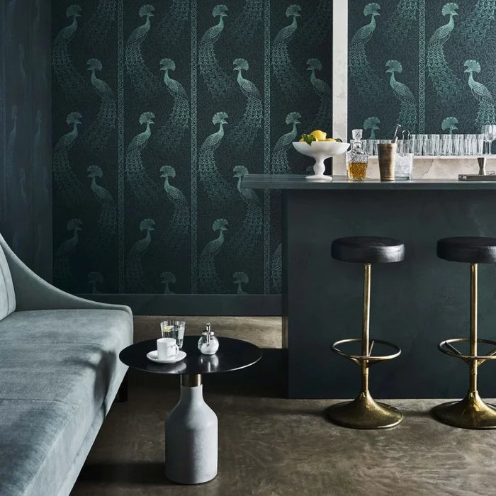 Pavo Parade Peacock Wallpaper - Metallic Petrol/Ink