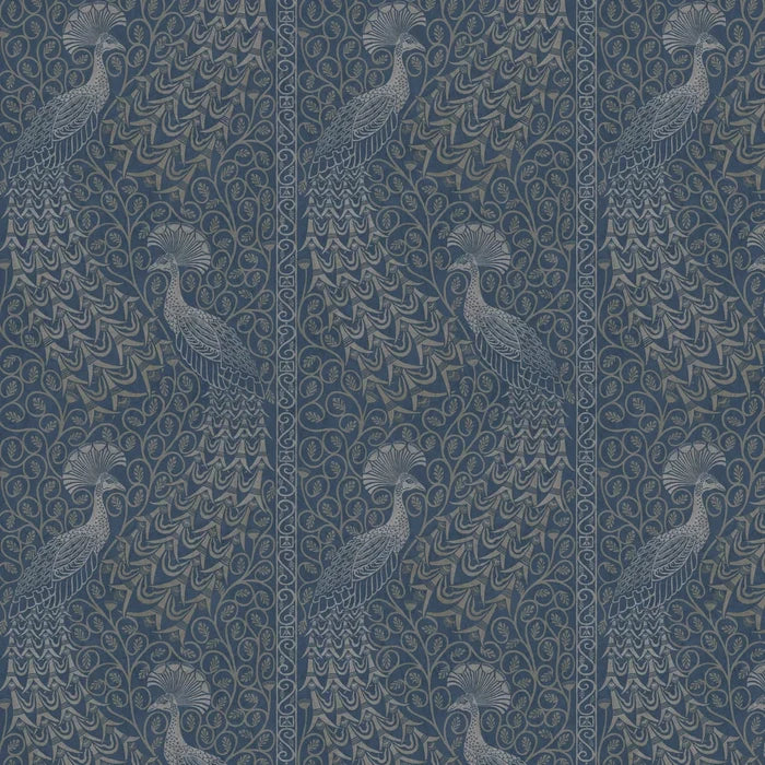 Pavo Parade Peacock Wallpaper - Metallic Silver/Denim