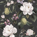 Pendula charcoal wallpaper with pears, quince, damsons, white camellias and blossom