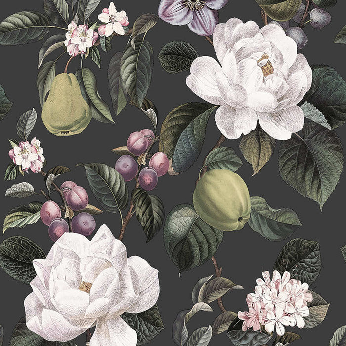 Pendula charcoal wallpaper with pears, quince, damsons, white camellias and blossom
