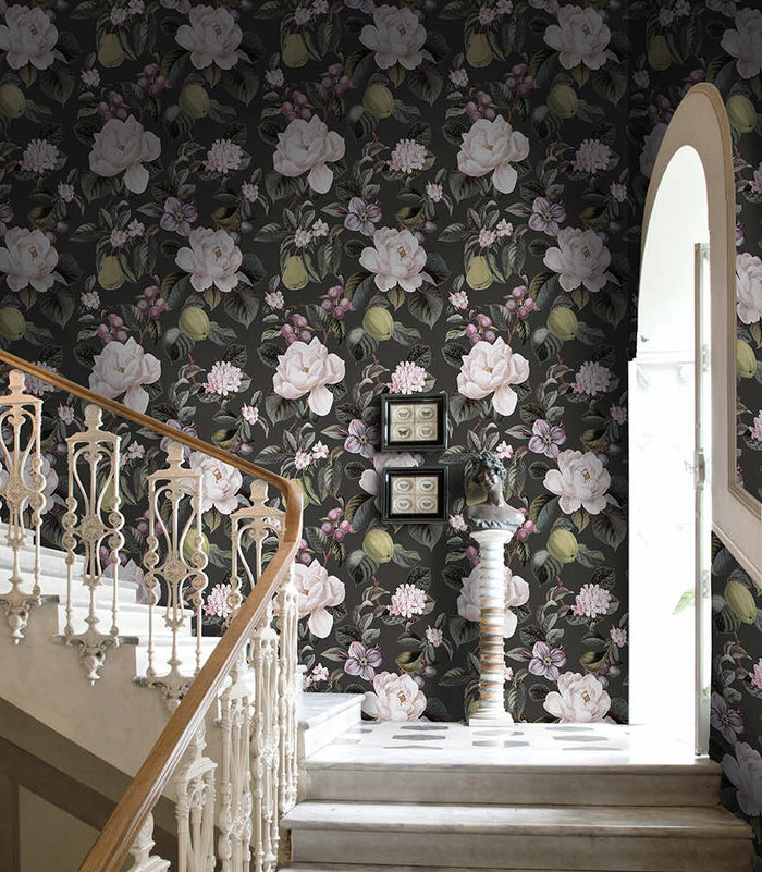 Charcoal Pendula orchard wallpaper on a dining room wall