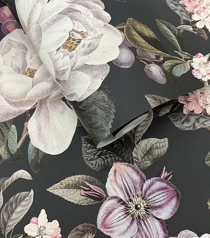 Roll of Pendula orchard botanical wallpaper in charcoal