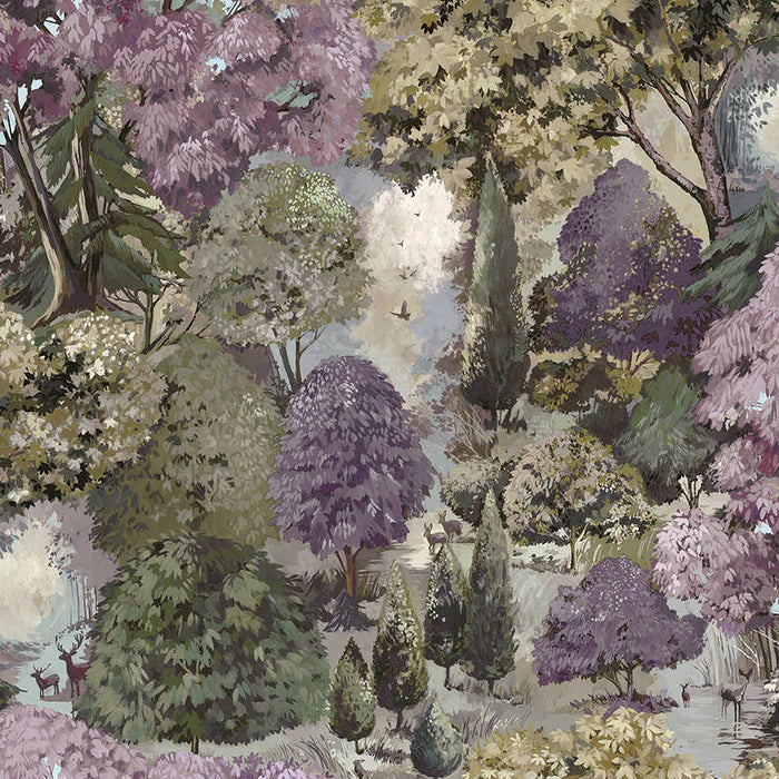Pinecrest mulberry green wallpaper showing a painted parkland with deer, a lake, acers and cypress trees