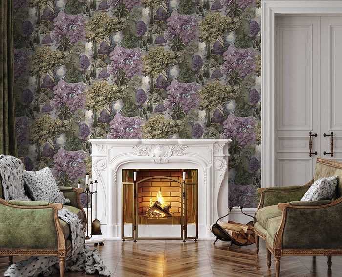 Mulberry and green Pinecrest landscape wallpaper on a bedroom wall