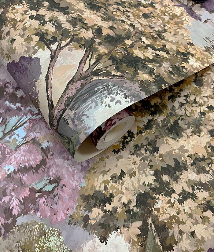 Roll of Pinecrest woodland scene wallpaper in mulberry green