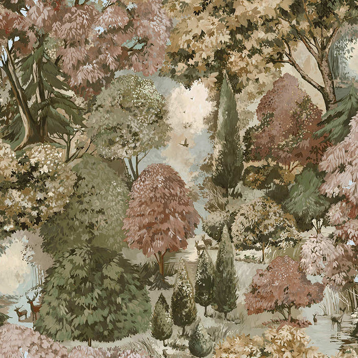 Pinecrest rust green wallpaper showing a painted autumn parkland with deer, a lake and cypress trees