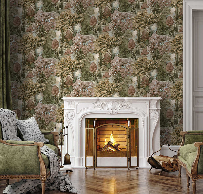 Rust and green Pinecrest landscape wallpaper on a dining room wall