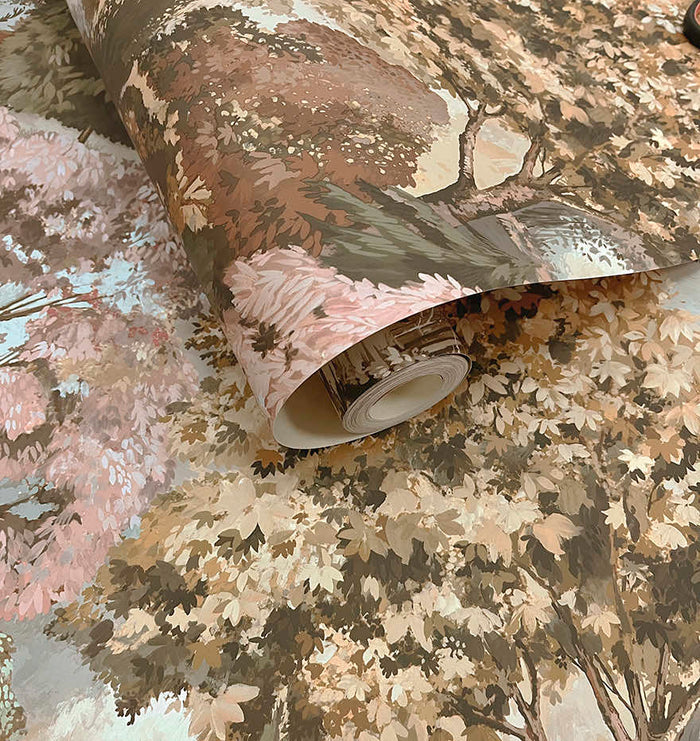 Roll of Pinecrest woodland scene wallpaper in rust green