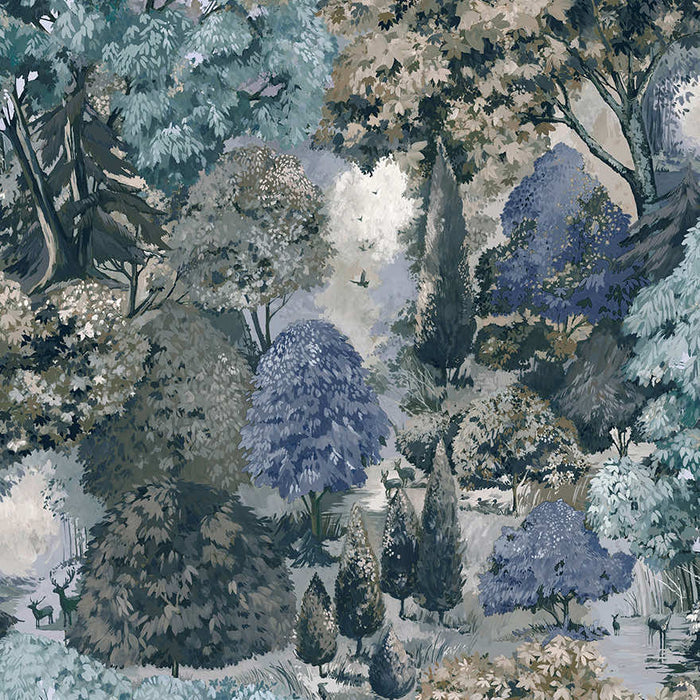 Pinecrest teal and green wallpaper showing a painted parkland with deer, a lake and cypress trees