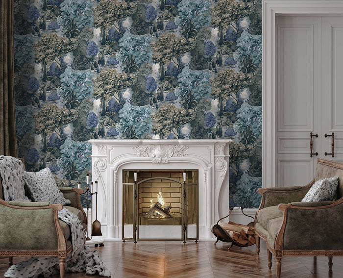 Teal and green Pinecrest landscape wallpaper on a landing wall