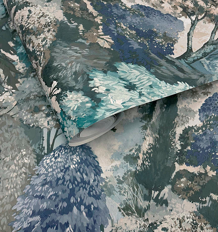 Roll of Pinecrest woodland scene wallpaper in teal green