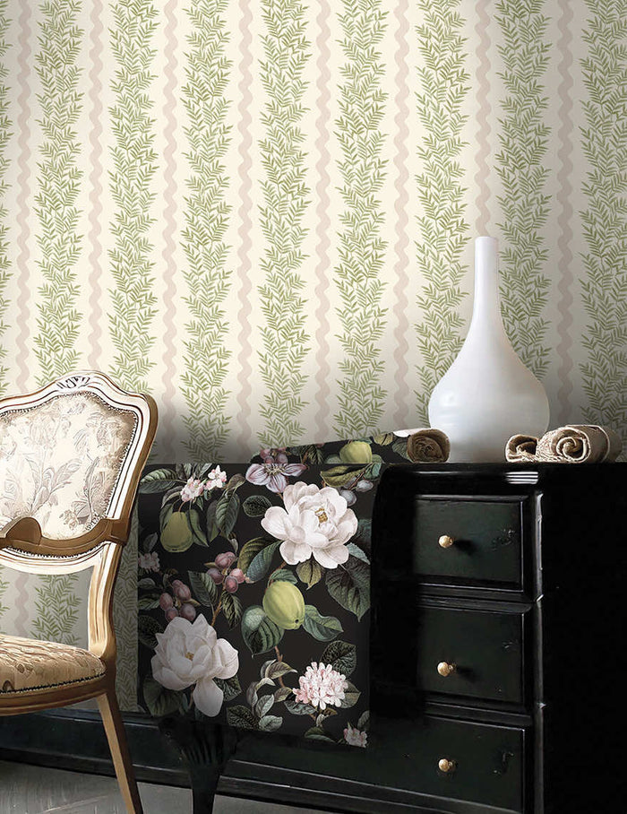 Cream and blush Pipkin leaf stripe wallpaper on a hallway wall