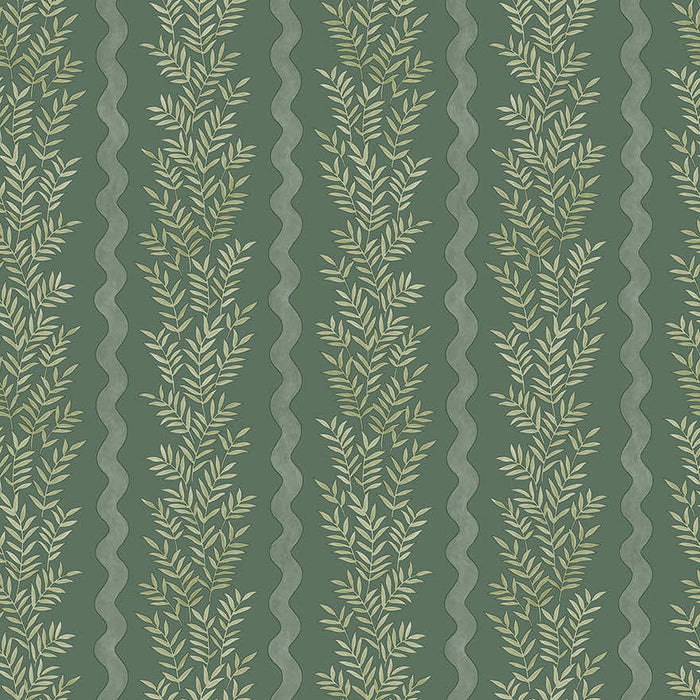 Pipkin green wallpaper with vertical fern leaf stripes and a scalloped wave
