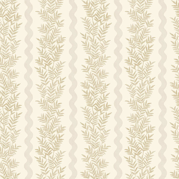 Pipkin natural wallpaper with tonal vertical leaf stripes and a scalloped wave