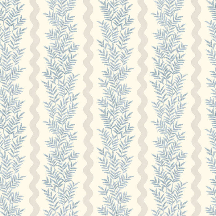 Pipkin neutral blue wallpaper with vertical leaf stripes and a scalloped wave