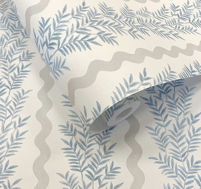 Roll of Pipkin leaf stripe wallpaper in neutral blue