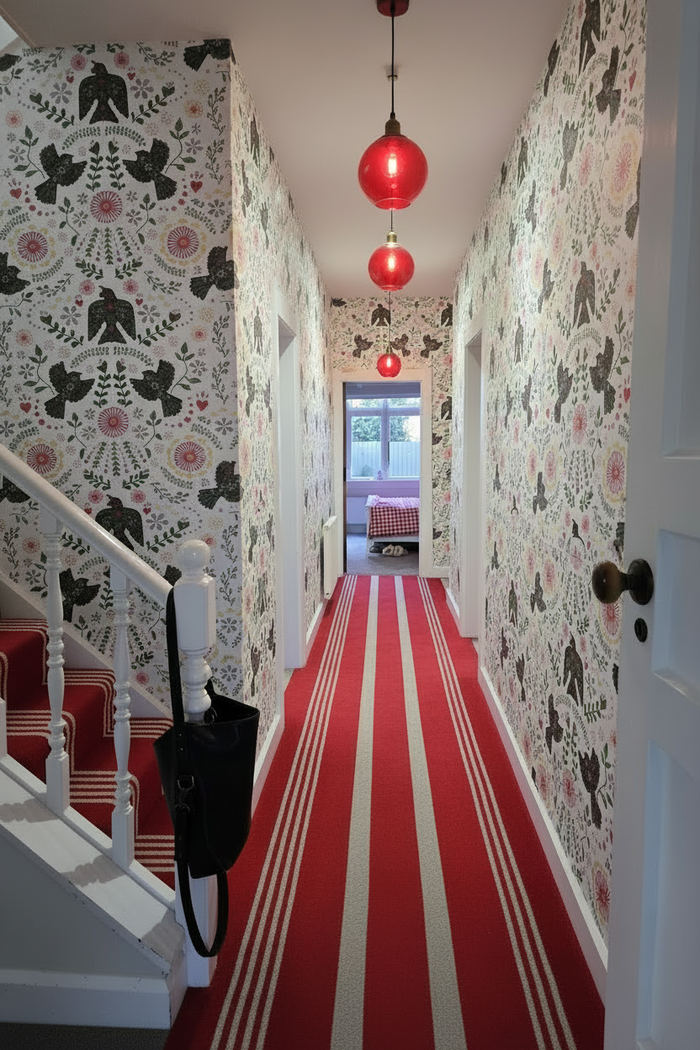 Hallway with red striped carpet on stairs and floor