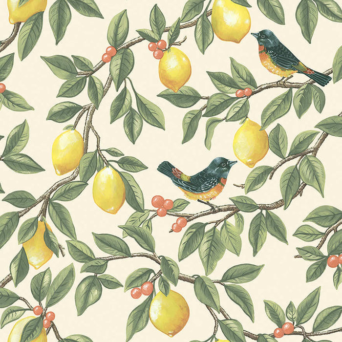 Cream wallpaper with yellow lemons, apricot berries and orange-breasted songbirds on trailing green branches — flat pattern detail