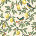 Cream wallpaper with yellow lemons, apricot berries and orange-breasted songbirds on trailing green branches — flat pattern detail