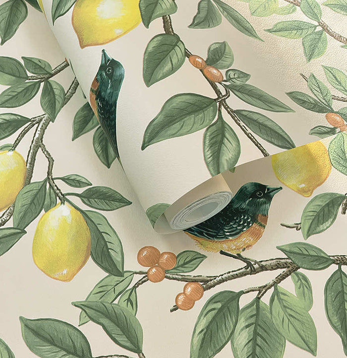 Roll of Ponderosa lemon wallpaper in cream and orange