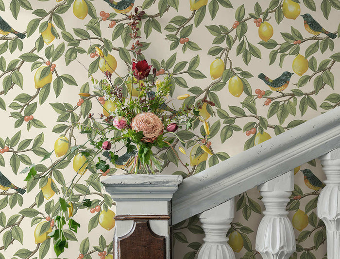 Cream Ponderosa lemon and bird wallpaper on a dining room wall