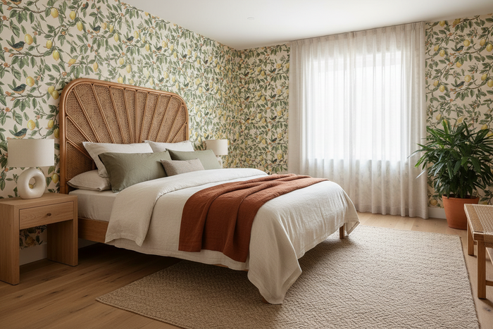 Ponderosa Bird and Lemon Wallpaper Bedroom with Cane Bedhead