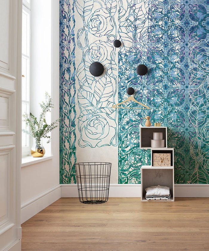 Renaissance Bloom - Blue Teal - Custom Sized Wallpaper Mural (per m2)