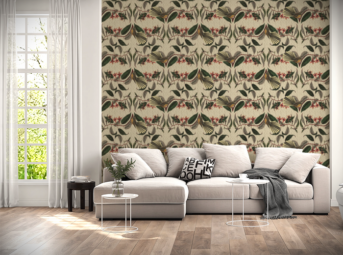 Retro Fantail NZ Inspired Wallpaper - Buff
