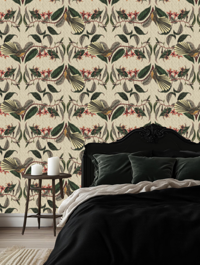 Retro Fantail NZ Inspired Wallpaper - Buff