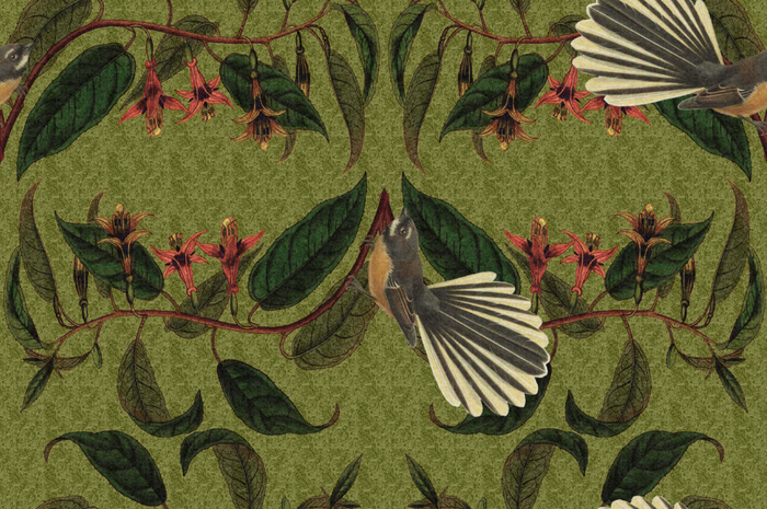 Retro Fantail NZ Inspired Wallpaper - Green