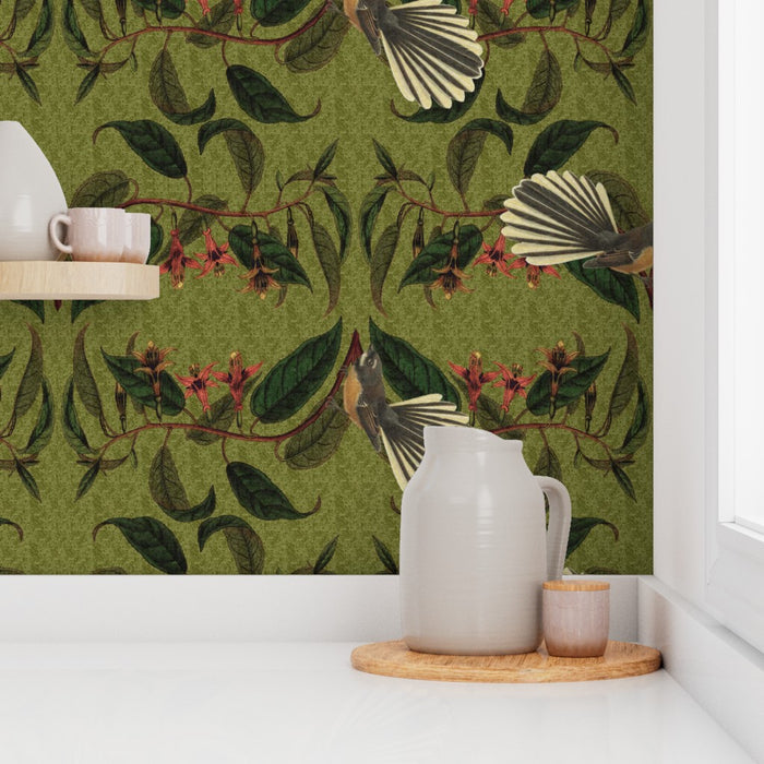 Retro Fantail NZ Inspired Wallpaper - Green