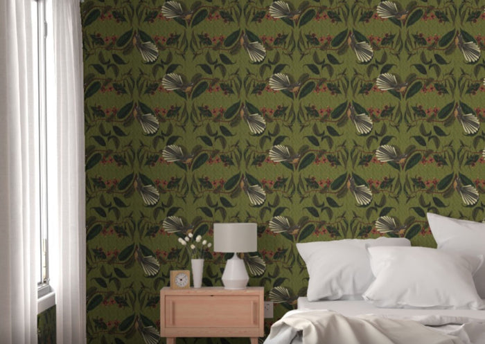 Retro Fantail NZ Inspired Wallpaper - Green