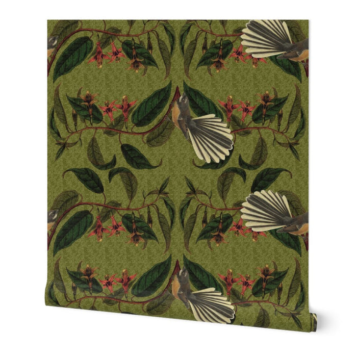 Retro Fantail NZ Inspired Wallpaper - Green