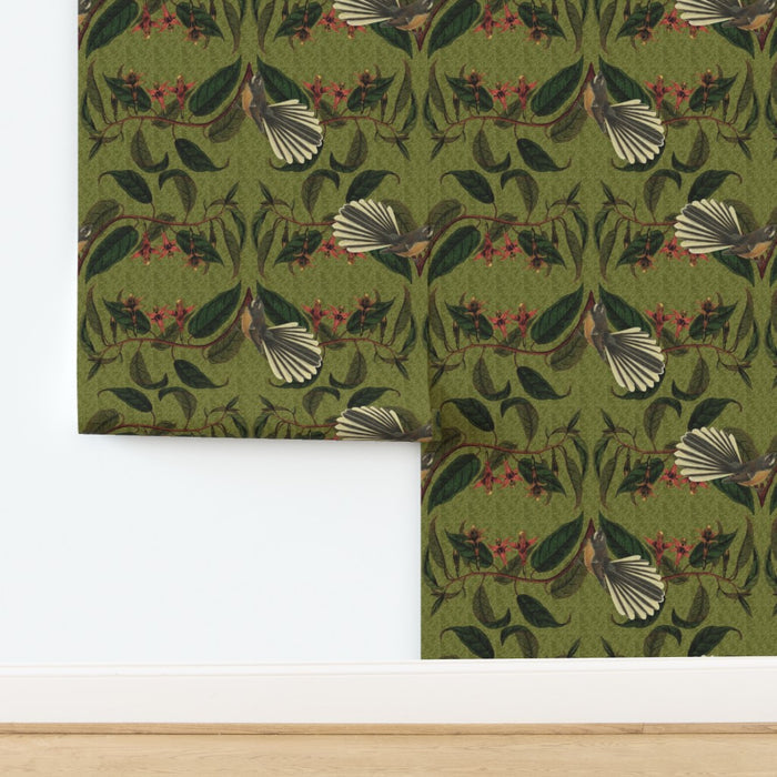 Retro Fantail NZ Inspired Wallpaper - Green