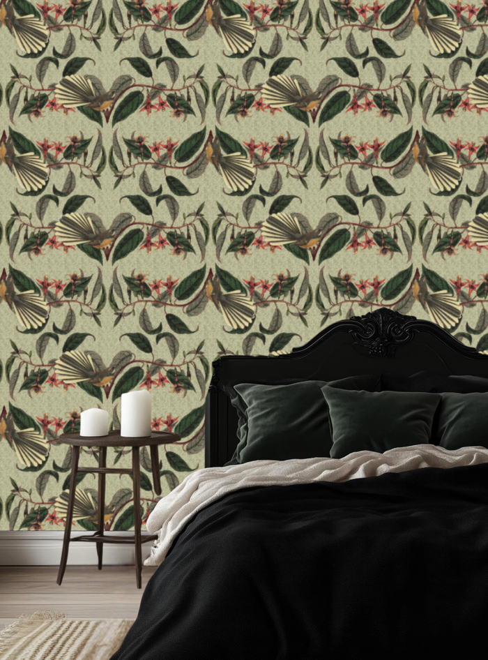 Retro Fantail NZ Inspired Wallpaper - Pale Green