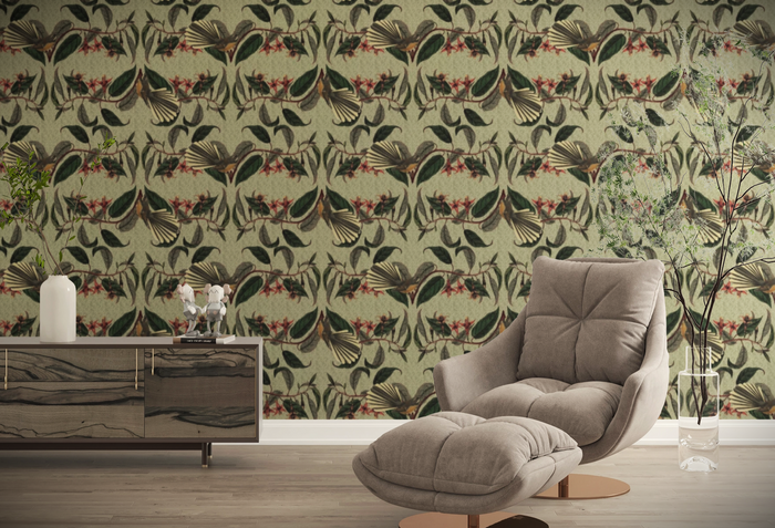 Retro Fantail NZ Inspired Wallpaper - Pale Green