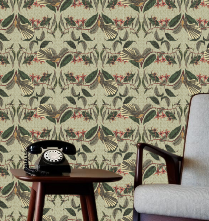 Retro Fantail NZ Inspired Wallpaper - Pale Green