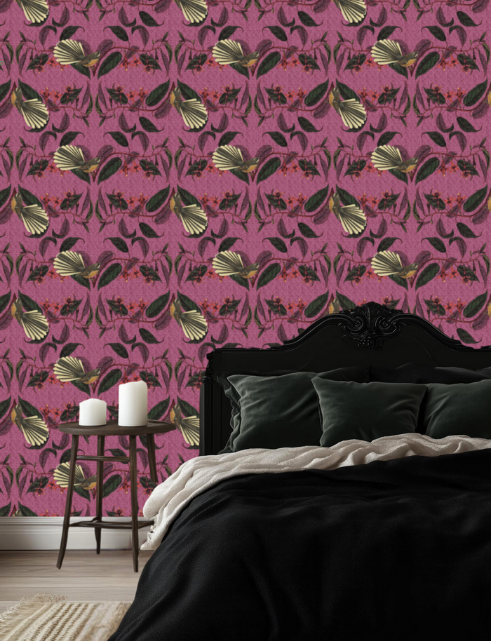 Retro Fantail NZ Inspired Wallpaper - Rose Pink