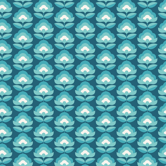 Retro Flower - Blooms Wallpaper - Teal Mix