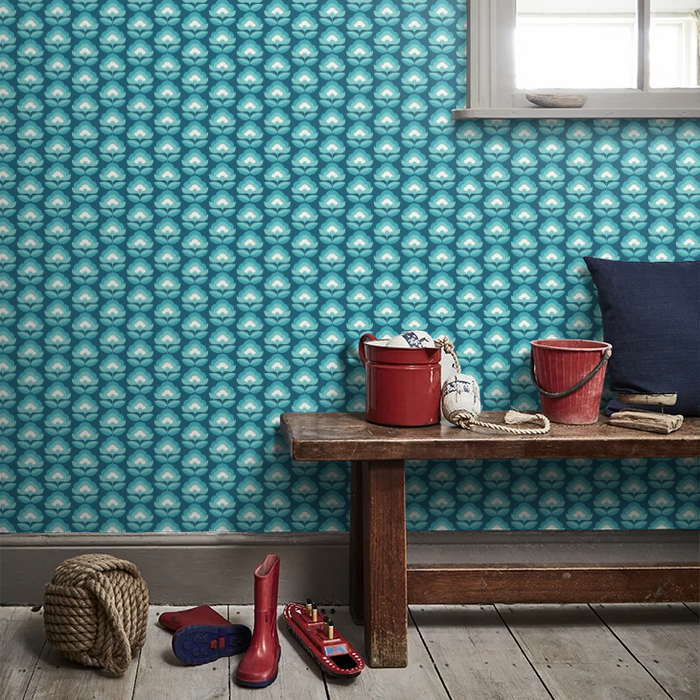Retro Flower - Blooms Wallpaper - Teal Mix