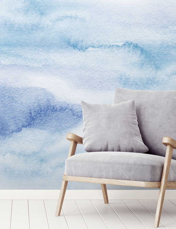Riviera Watercolor - Blue - Custom Sized Wallpaper Mural (per/m2)